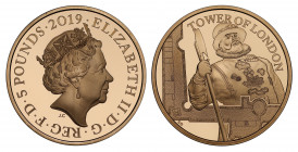 PF70 UCAM | Elizabeth II (1952 -), gold proof Five Pounds, 2019, in the Tower of London Series, Yeoman Warders, crowned head right, JC initials below ...