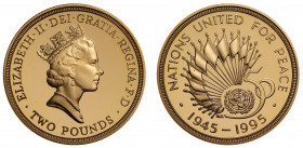 PF69 UCAM | Elizabeth II (1952 -), gold proof Two Pounds, 1995, struck for the 50th anniversary of the establishment of the United Nations, crowned bu...