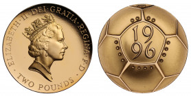 PF69 UCAM | Elizabeth II (1952 -), gold proof Two Pounds, 1996, struck for the European Football Championships, crowned bust right, RDM incuse on trun...