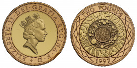 PF69 UCAM | Elizabeth II (1952 -), gold proof Two Pounds, 1997, crowned bust right, RDM incuse on truncation for designer Raphael Maklouf, Latin legen...