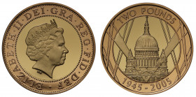 PF70 UCAM | Elizabeth II (1952 -), gold proof Two Pounds, 2005, struck for the 60th anniversary of the end of WWII, crowned head right, IRB initials b...