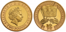 PF68 UCAM | Elizabeth II (1952 -), gold proof Two Pounds, 2008, struck for the London Olympic Handover Ceremony, crowned head right, IRB initials belo...