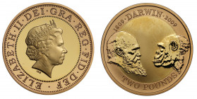 PF68 UCAM | Elizabeth II (1952 -), gold proof Two Pounds, 2009, struck for the 200th anniversary of the birth of Charles Darwin, crowned head right, I...