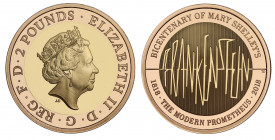 PF70 UCAM | Elizabeth II (1952 -), gold proof Two Pounds, 2018, struck to commemorate the 200th anniversary of Frankenstein, crowned head right, JC in...