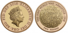 PF70 UCAM | Elizabeth II (1952 -), gold proof Two Pounds, 2018, struck to commemorate the 100th anniversary of the 1918 Armistice, crowned head right,...