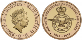 PF70 UCAM | Elizabeth II (1952 -), gold proof Two Pounds, 2018, struck to commemorate the 100th anniversary of the Royal Airforce, crowned head right,...