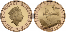 PF70 UCAM | Elizabeth II (1952 -), gold proof Two Pounds, 2018, struck to commemorate the 100th anniversary of the Royal Airforce Spitfire plane, crow...