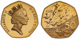 PF68 UCAM | Elizabeth II (1952 -), gold proof Fifty Pence, 1994, struck for the 50th anniversary of the D-Day landings, crowned bust right, RDM incuse...