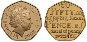 PF69 UCAM | Elizabeth II (1952 -), gold proof Fifty Pence, 2005, struck for the 250th anniversary of the publication of Samuel Johnson’s Dictionary of...