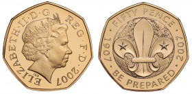 PF69 UCAM | Elizabeth II (1952 -), gold proof Fifty Pence, 2007, struck for the 100th anniversary of the founding of the Scouting Movement, crowned bu...