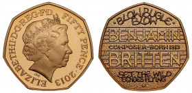 PF68 UCAM | Elizabeth II (1952 -), gold proof Fifty Pence, 2013, struck for the centenary of the birth of Benjamin Britten, crowned bust right, IRB be...