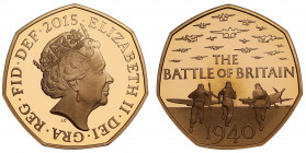 PF68 UCAM | Elizabeth II (1952 -), gold proof Fifty Pence, 2015, struck to mark the 75th anniversary of the Battle of Britain, crowned bust right, JC ...