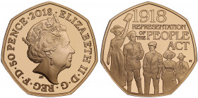 PF70 UCAM | Elizabeth II (1952 -), gold proof Fifty Pence, 2018, celebrating the 100th anniversary of the Representation of the People Act, crowned bu...