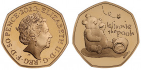 PF70 UCAM | Elizabeth II (1952 -), gold proof Fifty Pence, 2020, celebrating Winnie the Pooh, crowned bust right, JC below truncation for designer Jod...