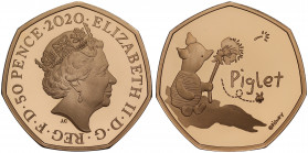 Elizabeth II (1952 -), gold proof Fifty Pence, 2020, Piglet, crowned bust right, JC below truncation for designer Jody Clark, Latin legend surrounding...