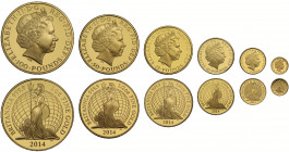 Elizabeth II (1952 -), gold 6-coin Britannia proof set, 2014, One Hundred Pounds, Fifty Pounds, Twenty Five Pounds, Ten Pounds, One Pound, 50 Pence, c...