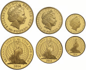 Elizabeth II (1952 -), gold 3-coin Britannia proof set, 2014, Fifty Pounds, Twenty Five Pounds, Ten Pounds, coins weighing Half Ounce, Quarter Ounce, ...