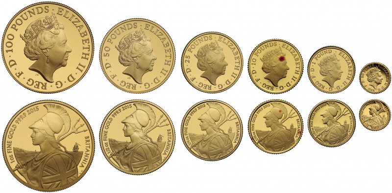 Elizabeth II (1952 -), gold 6-coin Britannia proof set, 2015, One Hundred Pounds...