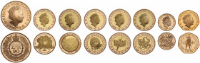 Elizabeth II (1952-), gold 8-coin proof set, 2016, Five Pounds commemorating the 90th birthday of Queen Elizabeth II, Two Pounds (5), 350th anniversar...