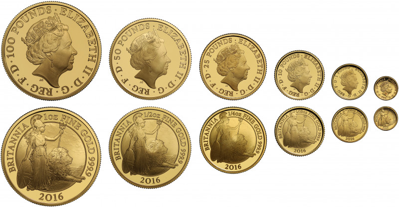 Elizabeth II (1952 -), gold 6-coin Britannia proof set, 2016, One Hundred Pounds...