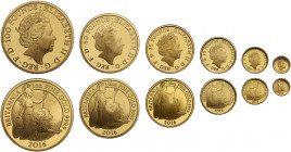 Elizabeth II (1952 -), gold 6-coin Britannia proof set, 2016, One Hundred Pounds, Fifty Pounds, Twenty Five Pounds, Ten Pounds, One Pound, Fifty Pence...