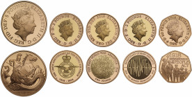 Elizabeth II (1952 -), gold 6-coin proof set, 2018, Five Pounds struck to celebrate the 5th Birthday of Prince George, bimetallic gold Two Pounds stru...