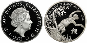 Elizabeth II (1952 -), silver proof Kilo of Five Hundred Pounds, 2016, struck for the Chinese year of the monkey, crowned head right, JC initials belo...