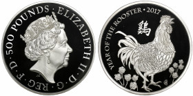 Elizabeth II (1952 -), silver proof Kilo of Five Hundred Pounds, 2017, struck for the Chinese year of the rooster, crowned head right, JC initials bel...