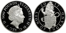 Elizabeth II (1952 -), silver proof Kilo of Five Hundred Pounds, 2017, struck as the first coin in the Queen’s Beasts series, crowned head right, JC i...