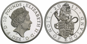 Elizabeth II (1952 -), silver proof Ten Ounce of Ten Pounds, 2017, struck as the first coin in the Queen’s Beasts series, crowned head right, JC initi...