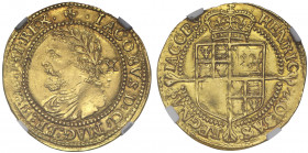AU58 | James I (1603-25), gold Half Laurel of Ten Shillings, third coinage (1619-25), fourth laureate and draped bust left, straight ties at rear of b...
