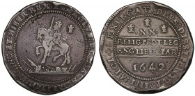 Charles I (1625-49), silver Pound of Twenty Shillings, 1642, Oxford Mint, King on horseback left, walking over arms and militaria, Oxford plumes behin...