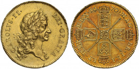 AU58 | Charles II (1660-85), gold Five Guineas, 1670, first laureate head right, Latin legend and toothed border surrounding, CAROLVS. II. DEI. GRATIA...