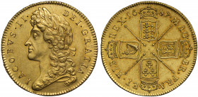 MS60 | James II (1685-88), gold Five Guineas, 1687, second laureate head left, legend and toothed border surrounding, IACOBVS.II. DEI. GRATIA, rev. cr...