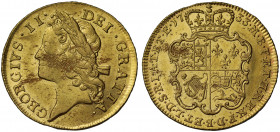 MS60 | George II (1727-60), gold Guinea, 1733, second young laureate head left, legend GEORGIVS. II . DEI. GRATIA., toothed border around rim both sid...
