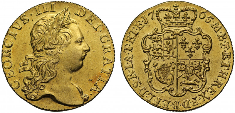 AU58 | George III (1760-1820), gold Guinea, 1765, third laureate head right, GEO...