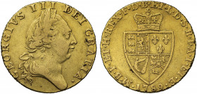 George III (1760-1820), gold Guinea, 1789, fifth laureate head right, GEORGIVS .III. DEI.GRATIA, rev. spade shaped crowned quartered shield of arms, d...