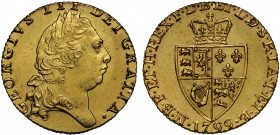 George III (1760-1820), gold Guinea, 1799, fifth laureate head right, GEORGIVS .III. DEI.GRATIA, rev. spade shaped crowned quartered shield of arms, d...
