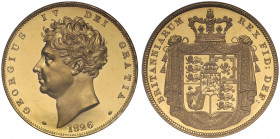 PF63 | George IV (1820-30), gold proof Five Pounds, 1826, engraved by William Wyon, bare head left, date below, legend and toothed border surrounding,...