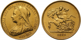Victoria (1837-1901), gold Five Pounds, 1893, crowned and veiled bust left, T.B. initials below truncation for engraver Thomas Brock, legend and tooth...