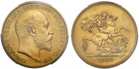 PR63 MATTE | Edward VII (1901-10), gold matt proof Five Pounds, 1902, bare head right, De S. below truncation for engraver George W De Saulles, Latin ...