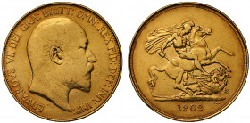 Edward VII (1901-10), gold Five Pounds, 1902, bare head right, De S. below truncation for engraver George W De Saulles, Latin legend and toothed borde...