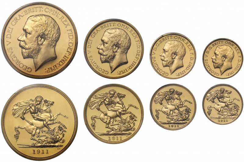 PR64-66 CAM | George V (1910-36), gold 4-coin partial proof set, 1911, Five Poun...