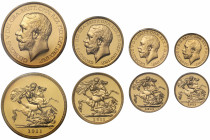 PR64-66 CAM | George V (1910-36), gold 4-coin partial proof set, 1911, Five Pounds, Two Pounds, Sovereign, Half Sovereign, bare head left, raised BM f...
