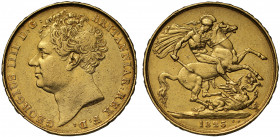 George IV (1820-30), gold Two Pounds, 1823, bare head left, J.B.M. below truncation for engraver Jean Baptiste Merlen, abbreviated Latin legend and to...