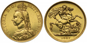 Victoria (1837-1901), gold Two Pounds, 1887, Jubilee type crowned bust left, angled J type J.E.B. initials on truncation, rarer obverse die with the B...