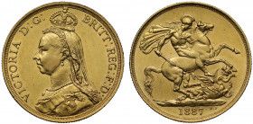 Victoria (1837-1901), gold Two Pounds, 1887, Jubilee type crowned bust left, J.E.B. initials on truncation for engraver Joseph Edgar Boehm, legend sur...