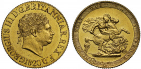 MS61 | George III (1760-1820), gold Sovereign, 1820, second laureate head right, date below with open 2, legend commences lower left GEORGIUS III D: G...