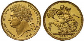 George IV (1820-30), gold proof Sovereign, 1821, first laureate head left, B.P. for Benedetto Pistrucci below neck, legend and toothed border surround...