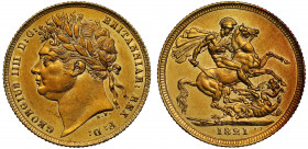 George IV (1820-30), gold Sovereign, 1821, first laureate head left, B.P. for Benedetto Pistrucci below neck, legend and toothed border surrounding, G...